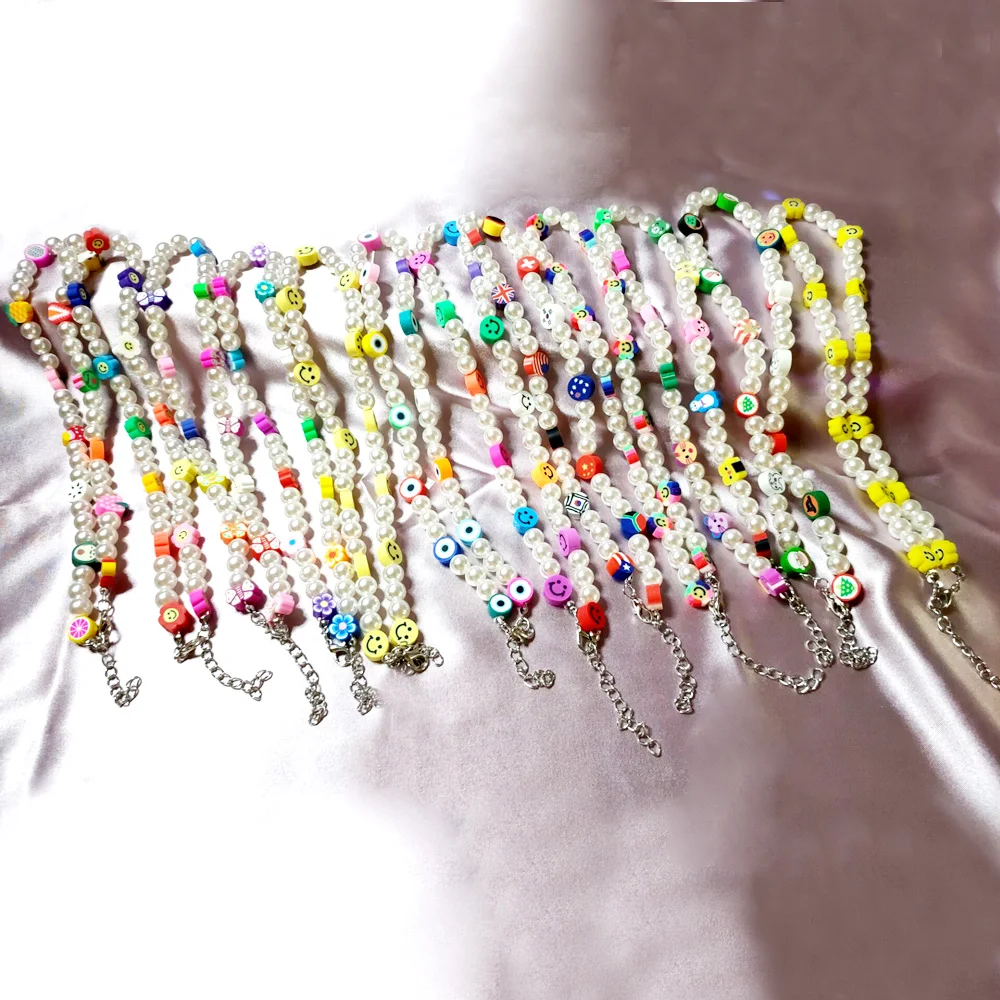 

2021 Y2K Clay Smiley Face Sweet Colorful Little Daisy Acrylic Flowers Boho Beaded Clavicle Necklaces for Women Girls Jewelry