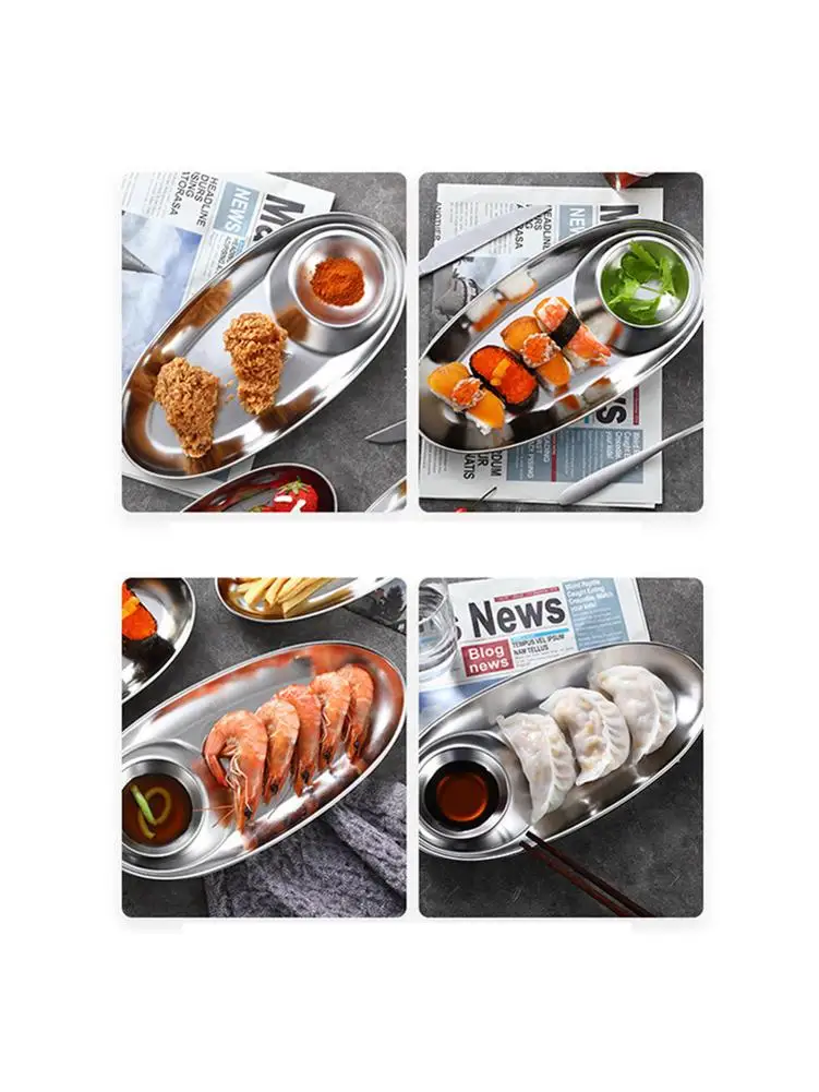Stainless Steel Snack Plate Divided Grid Oval Sauce Western Fries Fried Chicken Tableware Kitchen Tools | Дом и сад