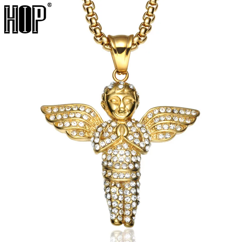 

HIP Hop Gold Color Stainless Steel Bling Iced Out Rope Chain Angel Pendants & Necklaces for Men Jewelry