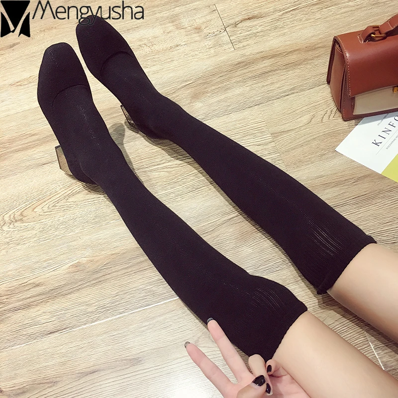 Стрейчевые вязаные сапоги-носки Серебристые на толстом каблуке модные женские