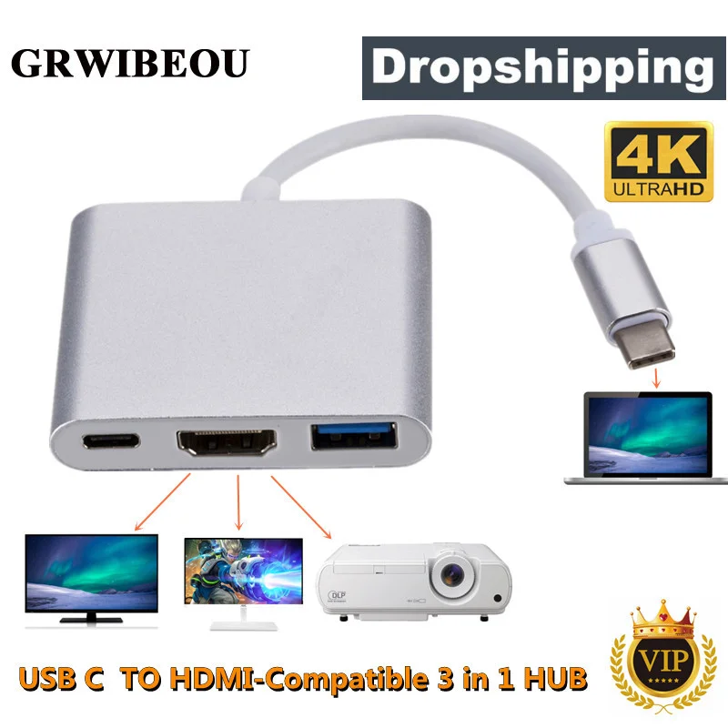 USB 3.1 Converter Usb C to HDMI Type Hdmi Adapter 3 in 1 hdmi HDMI/USB 3.0/Type-C Aluminum For Apple Macbook adapter | Электроника