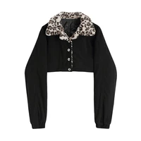 2022 women short jacket vintage leopard patchwork thicken warm lapel single breasted casual streetwear gothic trendy jacket coat