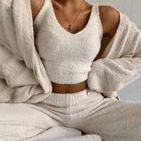 plush fluffy sleeveless crop top wide leg pants trousers women two pieces tracksuits outfits matching sets casual sweatshirts