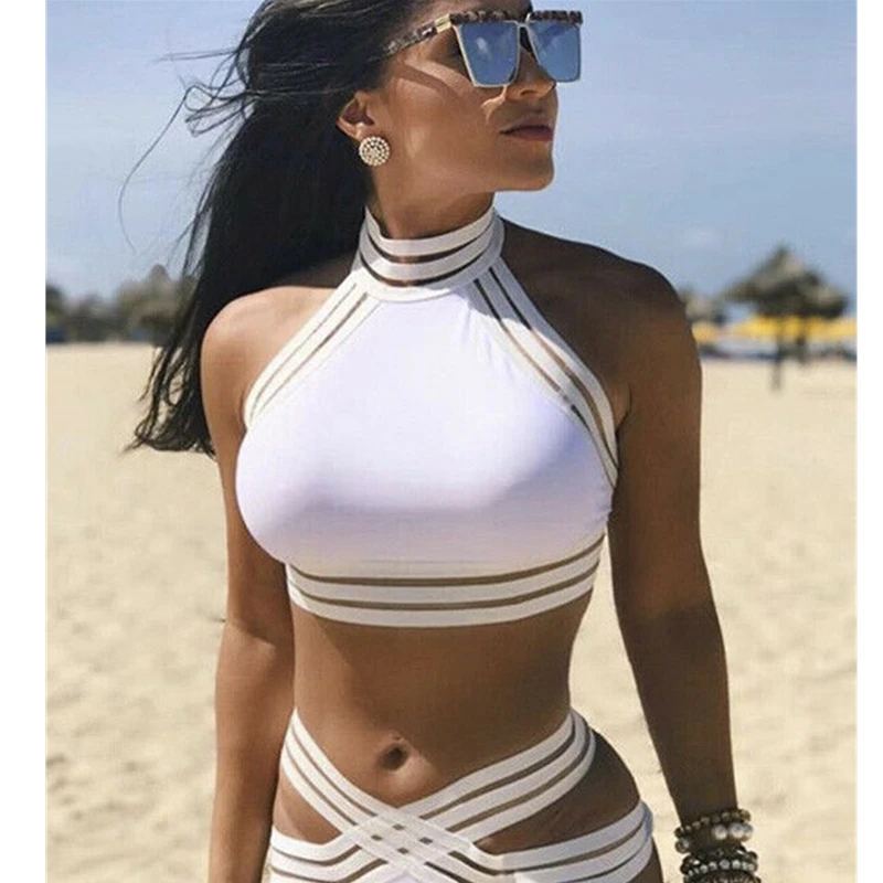 Комплект бикини женский пикантный черный/белый с вырезами лямка через шею