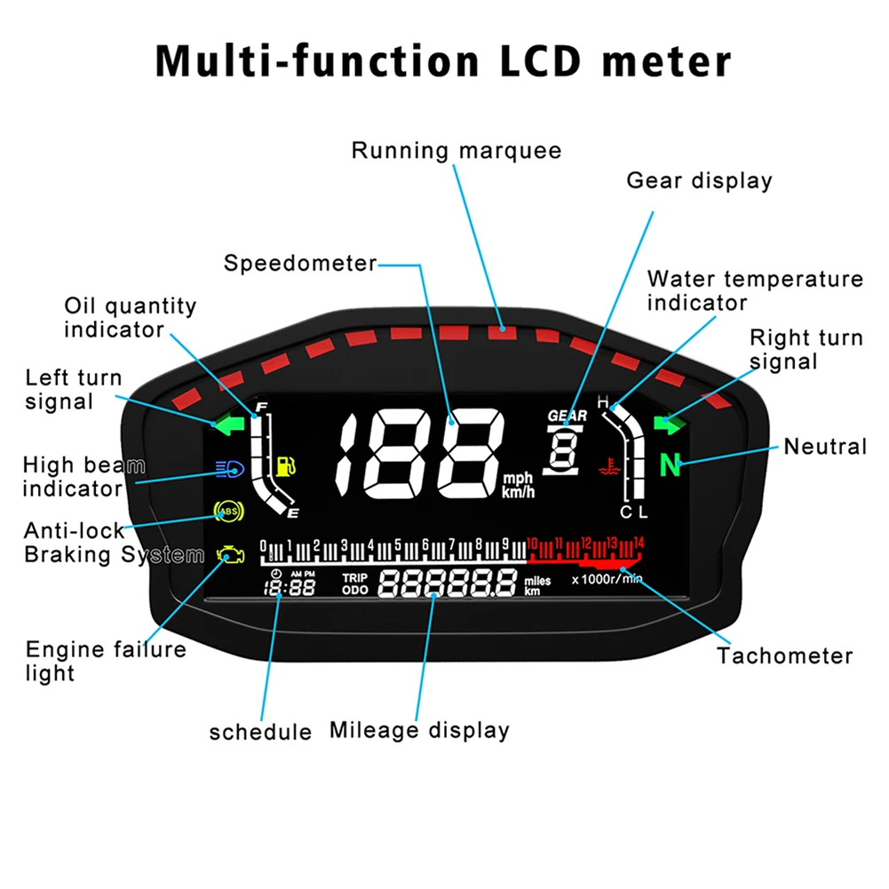 

12V Motorcycle LCD Digital Speedometer 6 Gear Backlight Motorcycle Odometer Waterproof Odometer Tachometer 2/4 Cylinders Meter