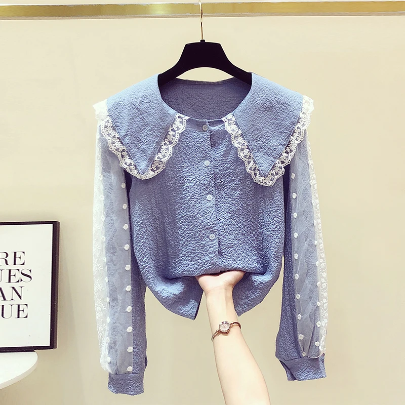 

2021 Spring Summer New Sweet Lace Doll Collar Shirt Women's Loose All-Matching Mesh Stitching Long Sleeves Shirts Female Blouse