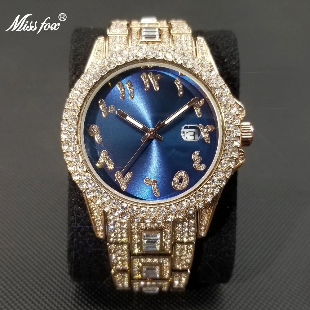 

MISSFOX Brand Iced Out Men Watch Quartz Rose Gold Hip Hop Watches With Micropave Diamond Stainless Steel Waterproof Clock 2021