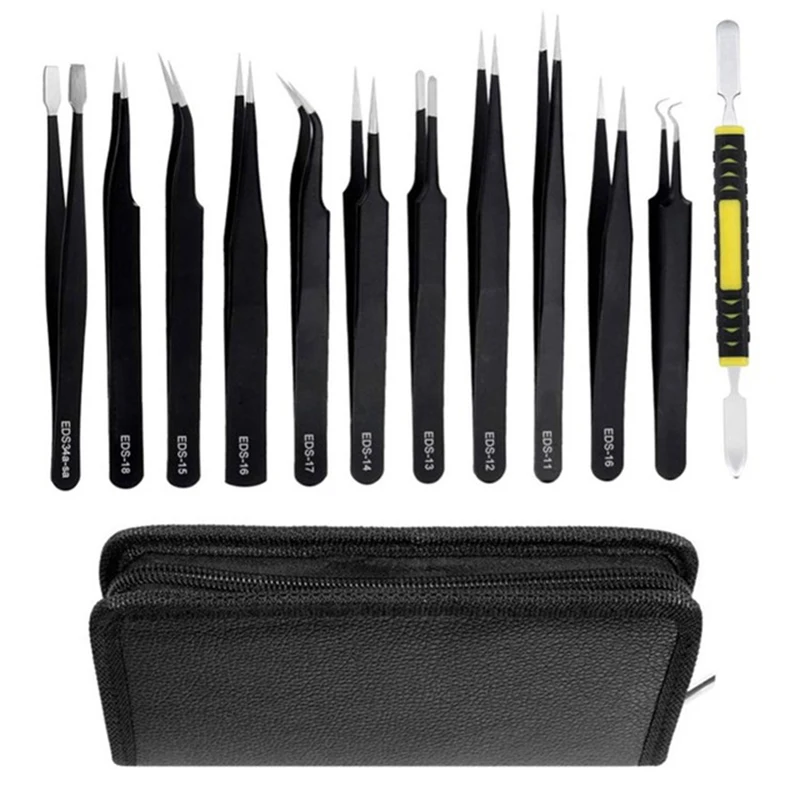 

12 Stainless Steel Tweezers Tool kit precision Antistatic Non-Magnetic Trimming Pointed Elbow Tweezers Set Grafting Eyelash Clip