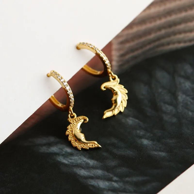 

A00742 New Punk Real 925 Sterling Silver Moon Face Gothic Pendant Stud Earrings for Women Charming Jewelry Wholesale