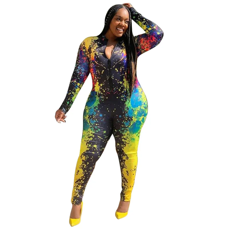 

Tie-dye Printing Women Plus Size Jumpsuits 2021 Summer Zipper V-neck Long Sleeve High Waist Skinny Casual Rompers Hot Selling