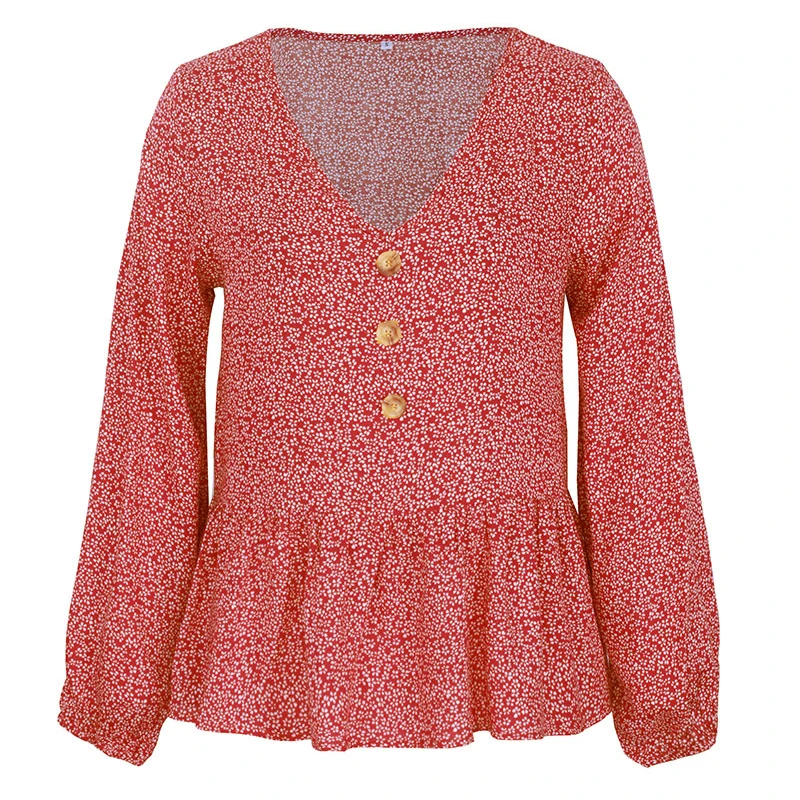 

Dot Print Spring Women's Blouse Loose Casual Female Autumn Shirts 2020 Deep V Neck Long Sleeve Vintage with Buttons Ladies Tops