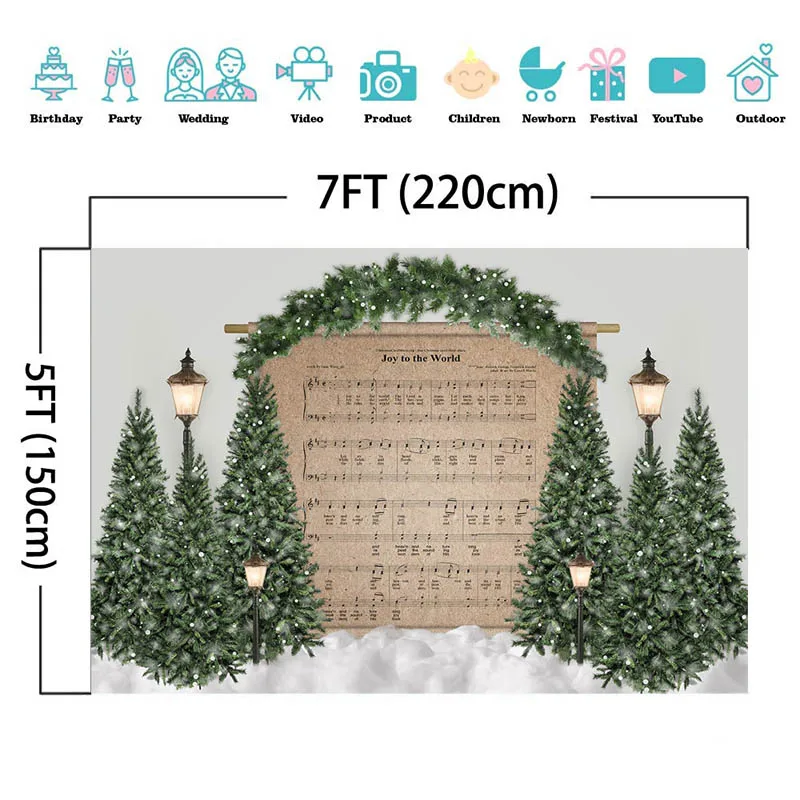 Christmas Tree Photography Backdrop Snow Joy To The World Music Score Decor Prop Child Birthday Portrait Background Photo Studio