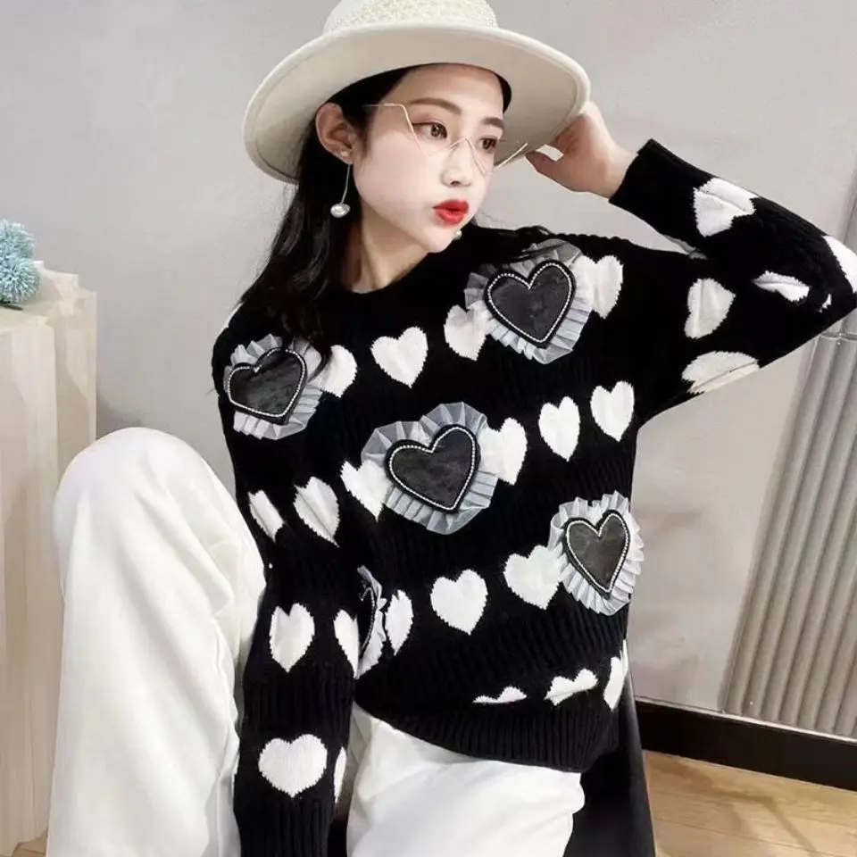 

Love Printed Knitted Top 2021 Autumn Winter New Trend Loose Fashion Versatile Women's Pullover