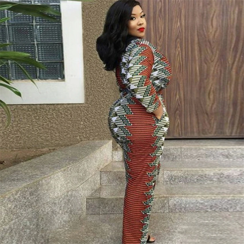 

2021 News Autumn Clothing Africaine African Dress For Women Shoulder Off Dashiki Print Fashion V Neck Jumpsuit Plus Ladies Robes