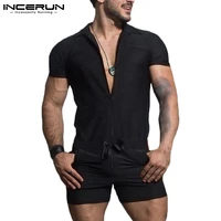 summer men rompers solid color workout lapel short sleeve drawstring casual jumpsuit zipper streetwear 2021 men overalls incerun
