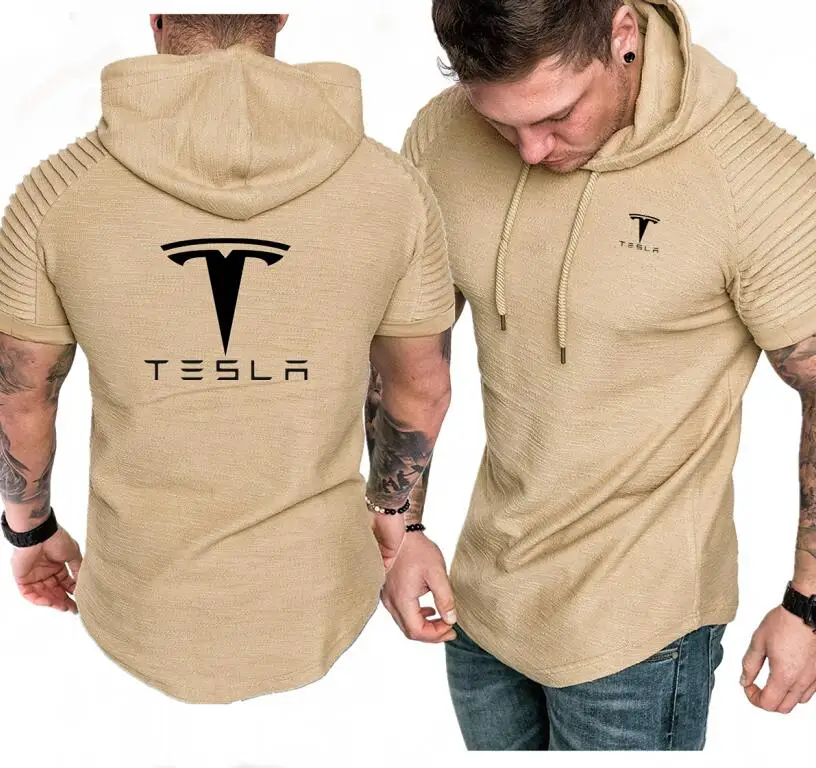 Тесла печати короткий рукав толстовки Мода Тонкий с капюшоном Толстовка для