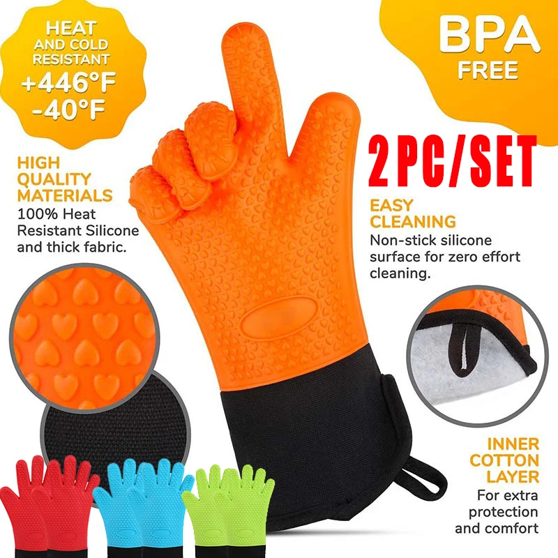 

2 Pc/set Silicone Heat-Resistant Gloves Cooking Barbecue Gants Silicone Kitchen Microwave Mittens Grill Oven Anti-Scalding Mitts