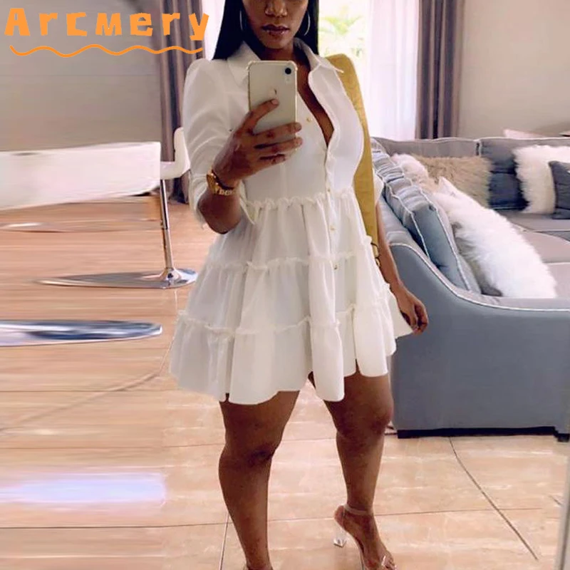 

Women Plus Size Casual Solid Shirt Dress Button Down OL Mini Dresses