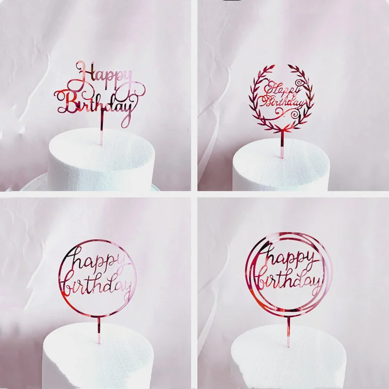 

New Colored flowers Happy Birthday Cake Topper Golden Acrylic Birthday party Dessert decoration for Baby shower Baking supplies