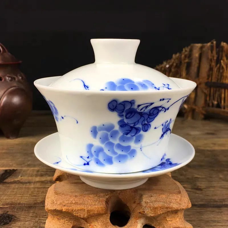 Фарфоровая чаша Gaiwan Jingdezhen, 200 мл, покрытая синим и белым фарфором, миска Sancai, набор китайских чайных чашек и блюдца, чайная супница