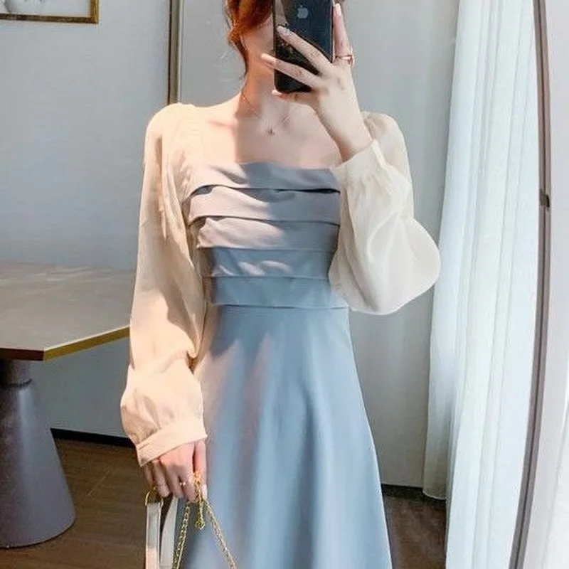 

Dresses for Women Retro French Style Patchwork Design Pleated Vintage Trendy Ladies Holiday Dress Elegant Vestido Feminino 2021