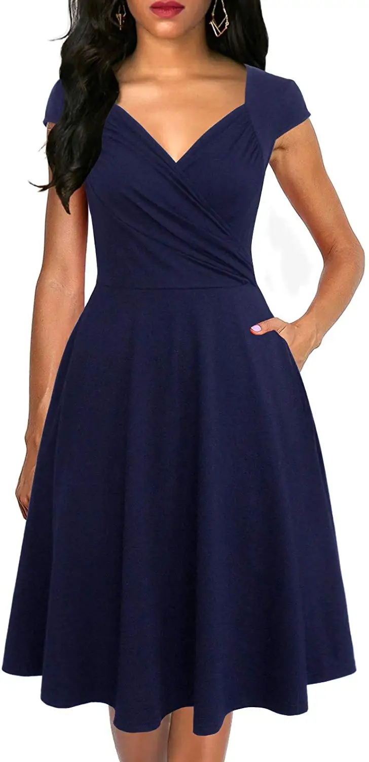 Solid Navy Blue Berydress, женское платье с коротким рукавом и рюшами, в горошек, а-силуэт, пышное, свободное, приталенное, Vestidos, для свадьбы, вечеринки, летнее, расклешенное платье с карманом - Цвет: Solid Navy Blue