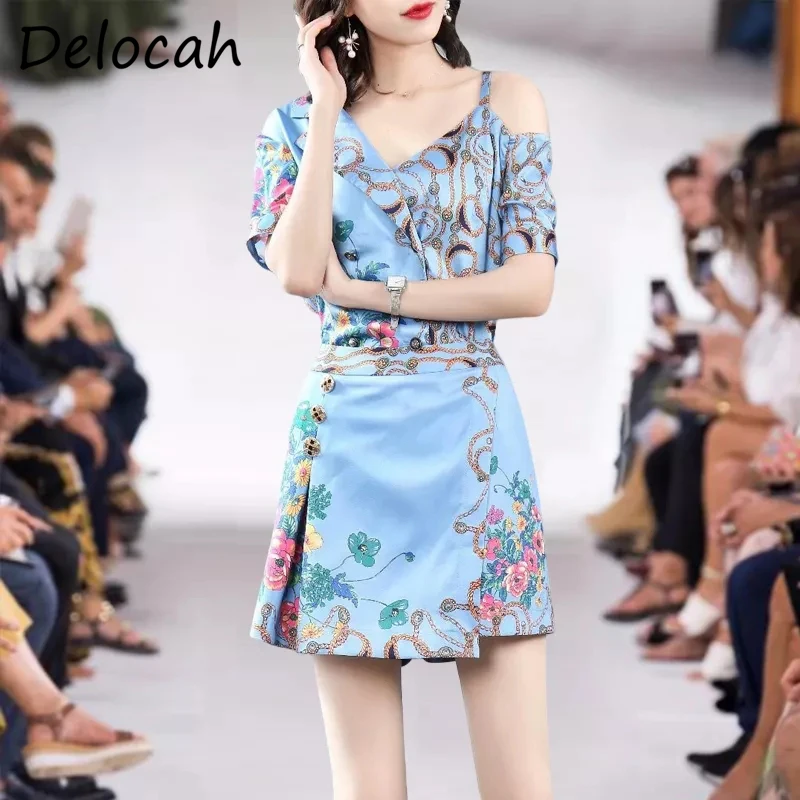 

Delocah New 2021 Summer Women Fashion Designer Shorts Set Sexy Strapless Ruffles Tops + High Waist Floral Printed Shorts Sets