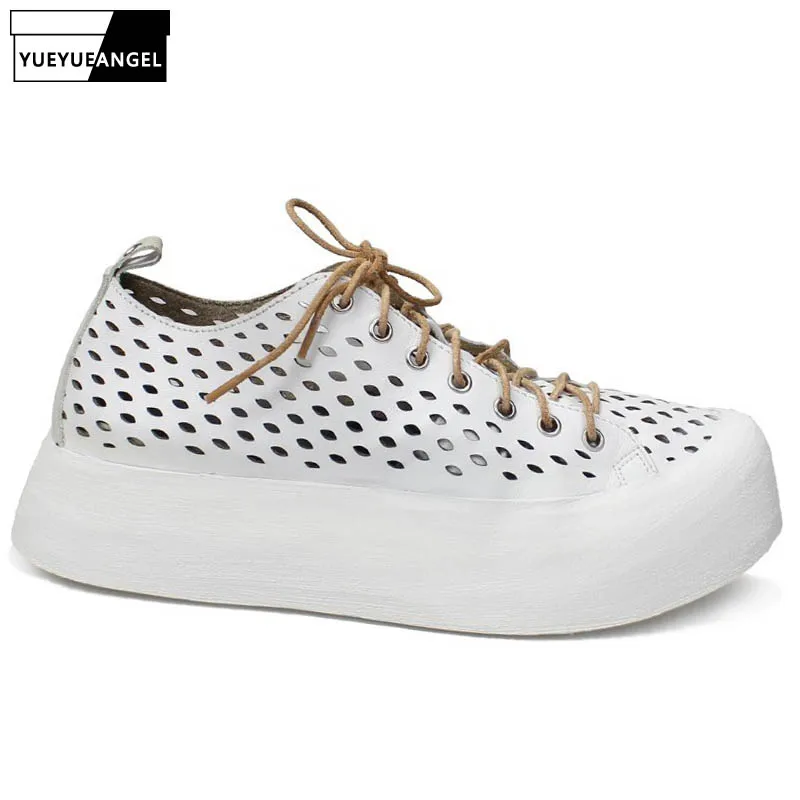 

Summer Hollow Out Breathable Casual Genuine Leather Shoes Panelled Cowhide Lace Up Round Toe Thick Bottom Mens Platform Shoes