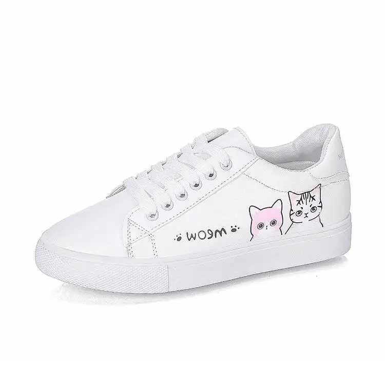 

Women Sneakers Leather Shoes 2020 Hot Woman Casual Flats Shoes Lace-up Designer Printed White Shoes Female Cute Cat Canvas Shoes