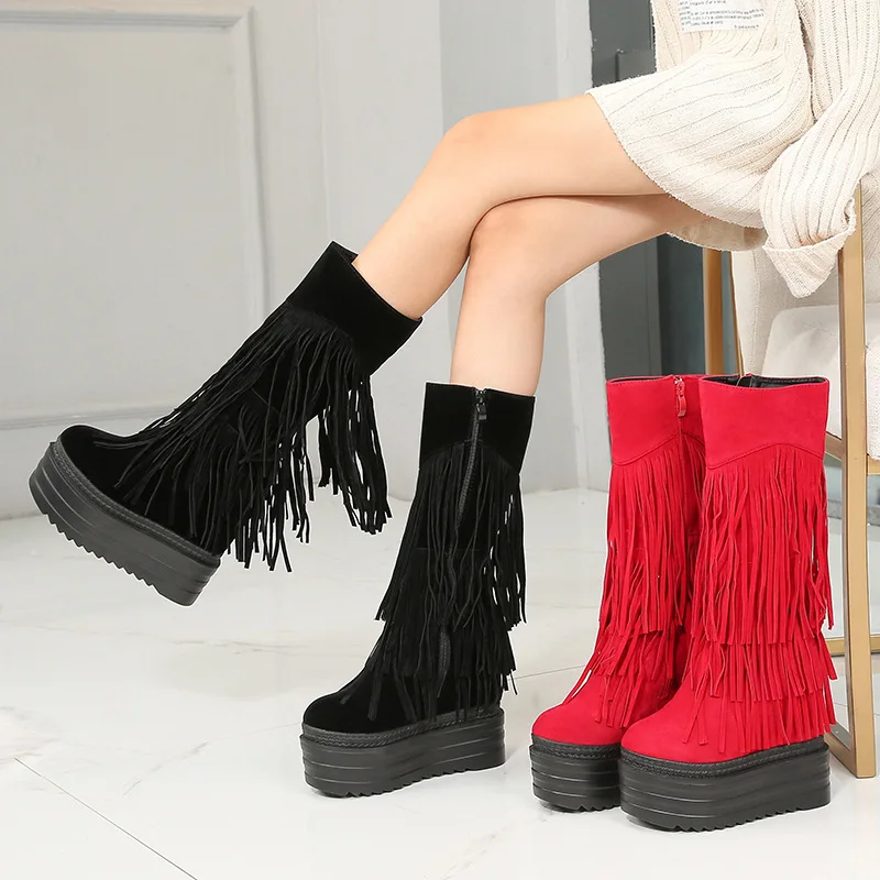 

Nightclub Stovepipe Sexy Fringed Women's Boots 2019 Winter 13Cm Thick-Sole Increase Within Middle Tube Boots Wedges Martin Boots