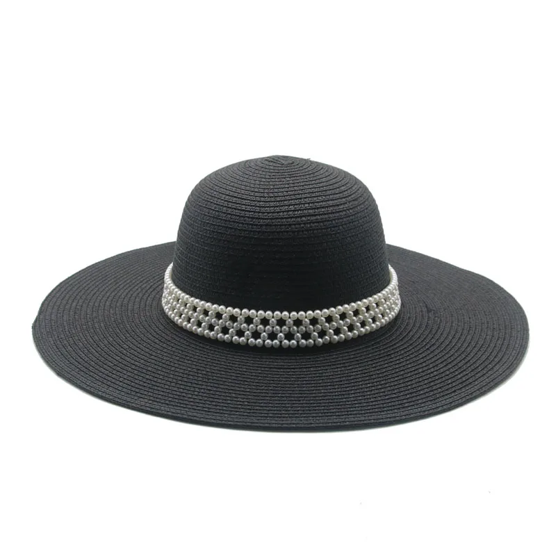 

summer hats women sun protection pearl band luxury summer hats big brim 11cm round top outdoor casual white black men women hats