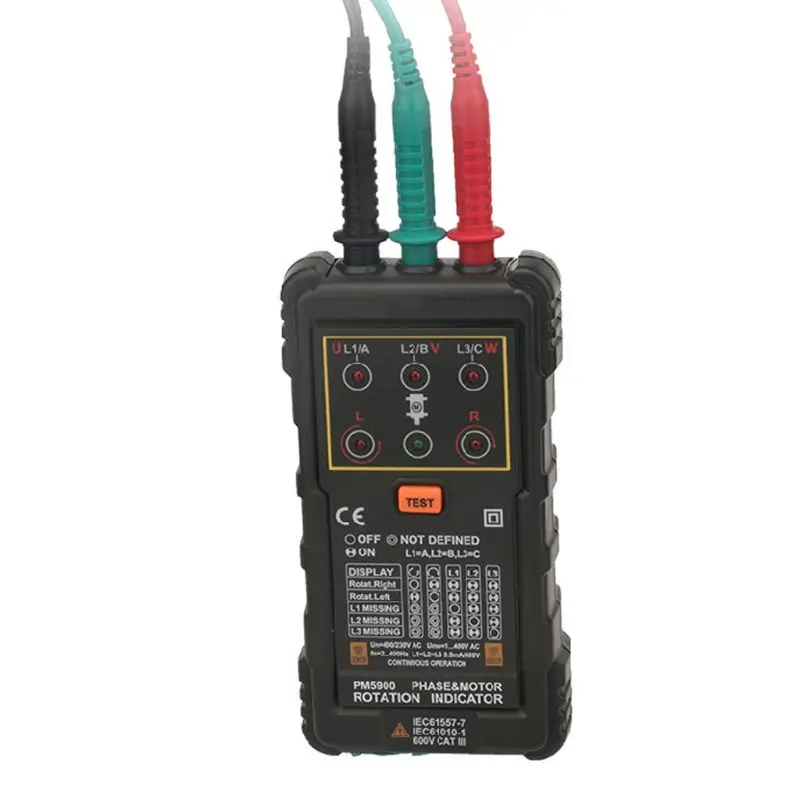

AC 120V-400V 2Hz-400Hz Three Phase Rotation Indicator Meter Phase Sequence Tester with LED Light Indicator U4LB