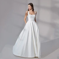 2022 summer square neck bride dress for weddings cap sleeve with pockets backless simple wedding gown a line solid color custom