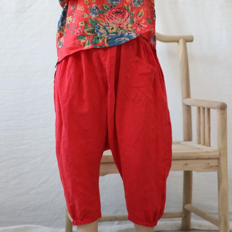 

Johnature Solid Color Cotton Linen Retro Elastic Waist Cross-pants 2021 Autumn New Loose Comfortable All-match Calf-length Pants