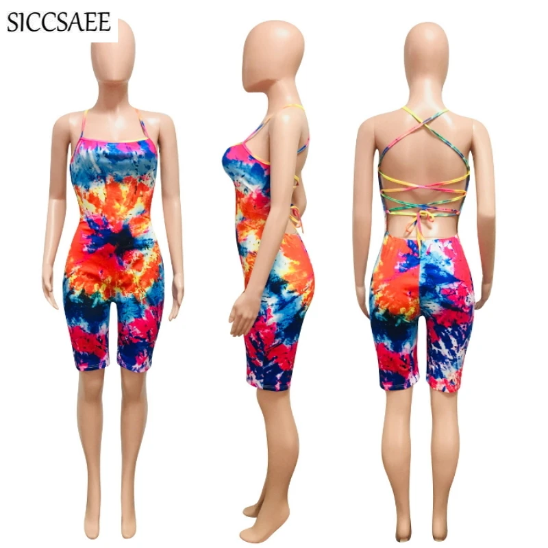 

Tie Dye Printed Bandage Playsuits For Women Ribbons Lace Up Open Back Bodycon Bodysuit Knee Length Pants Sexy Leotard Boho Style