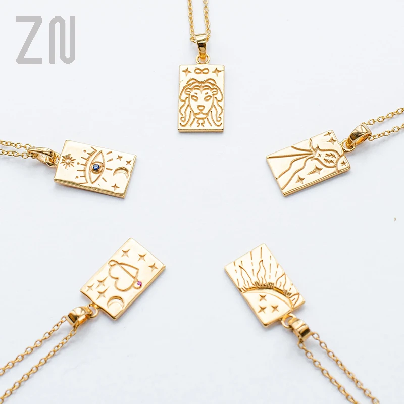 

ZN New Creative Colorful Tarot Card Pendant Necklaces For Women Men Square Lion Moon Sun Love Bottle Couple Jewelry Gifts