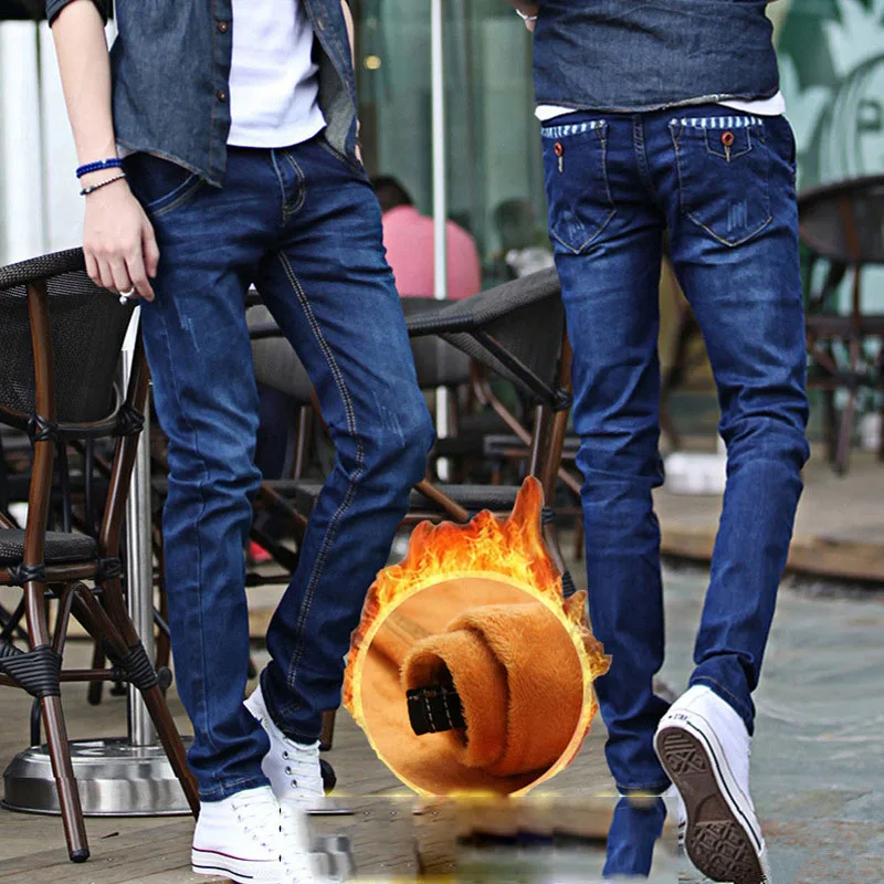 Осень зима 2020 модные мужские джинсы с бархатной подкладкой облегающие