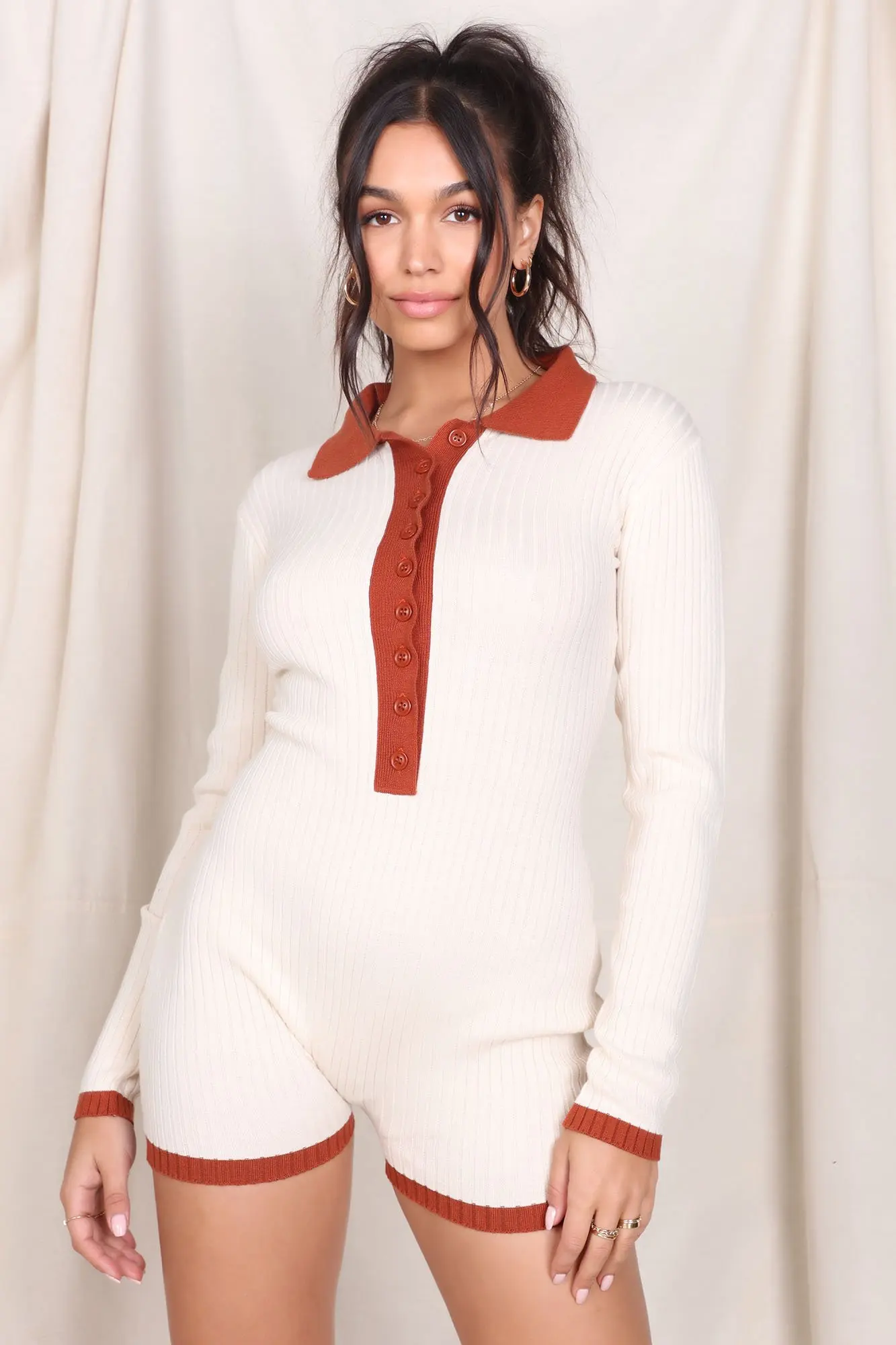 

Women Knitted Jumpsuits Solid Color Button Down Bodycon Slim Fit Long Sleeve Lapel Romper Casual Comfy Shorts Tracksuit2021 Fall