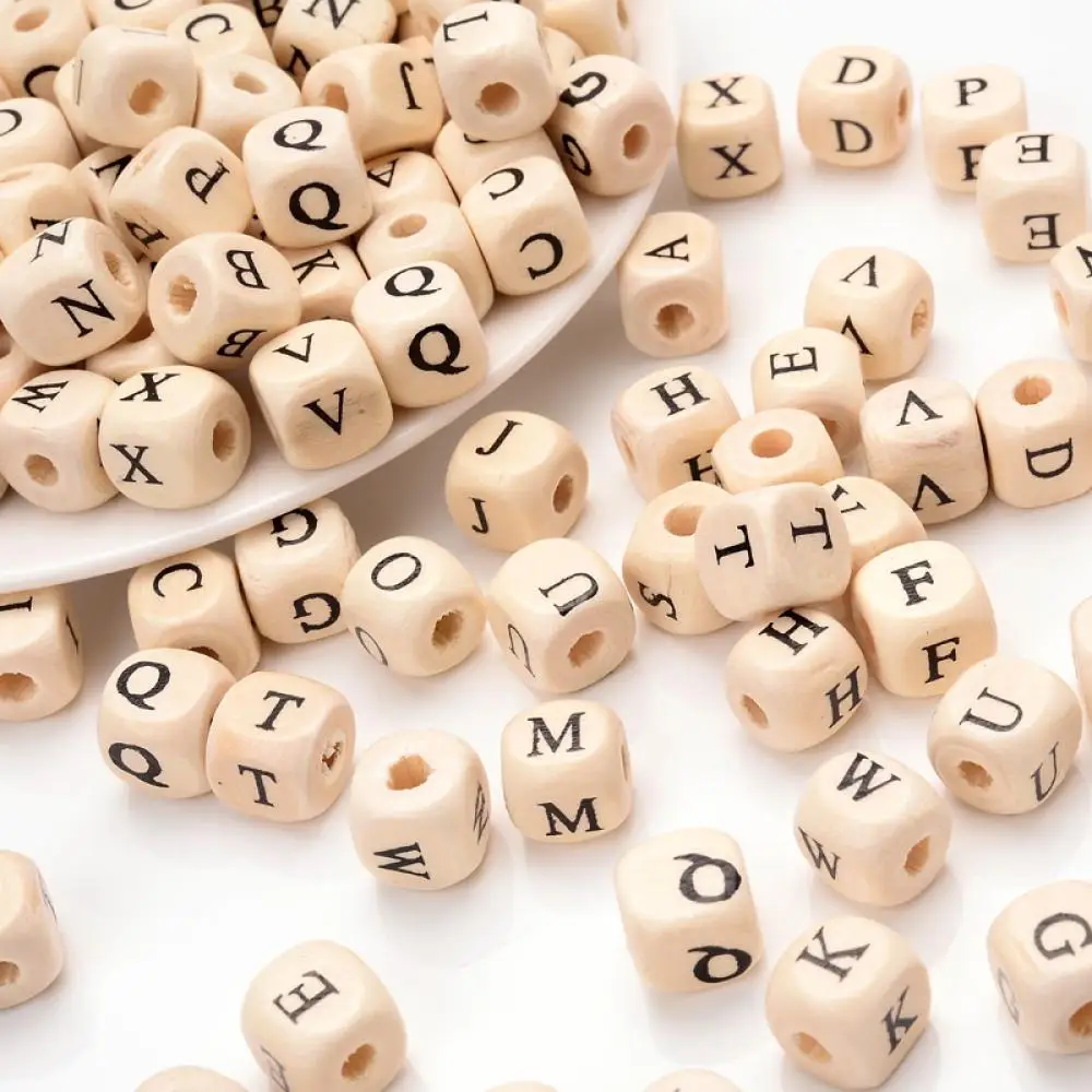 20Pcs 10mm Natural Wooden Letter Beads Mixed Alphabet Square Cube Wood Beads For Jewelry Making Handmade DIY Bracelet Necklace