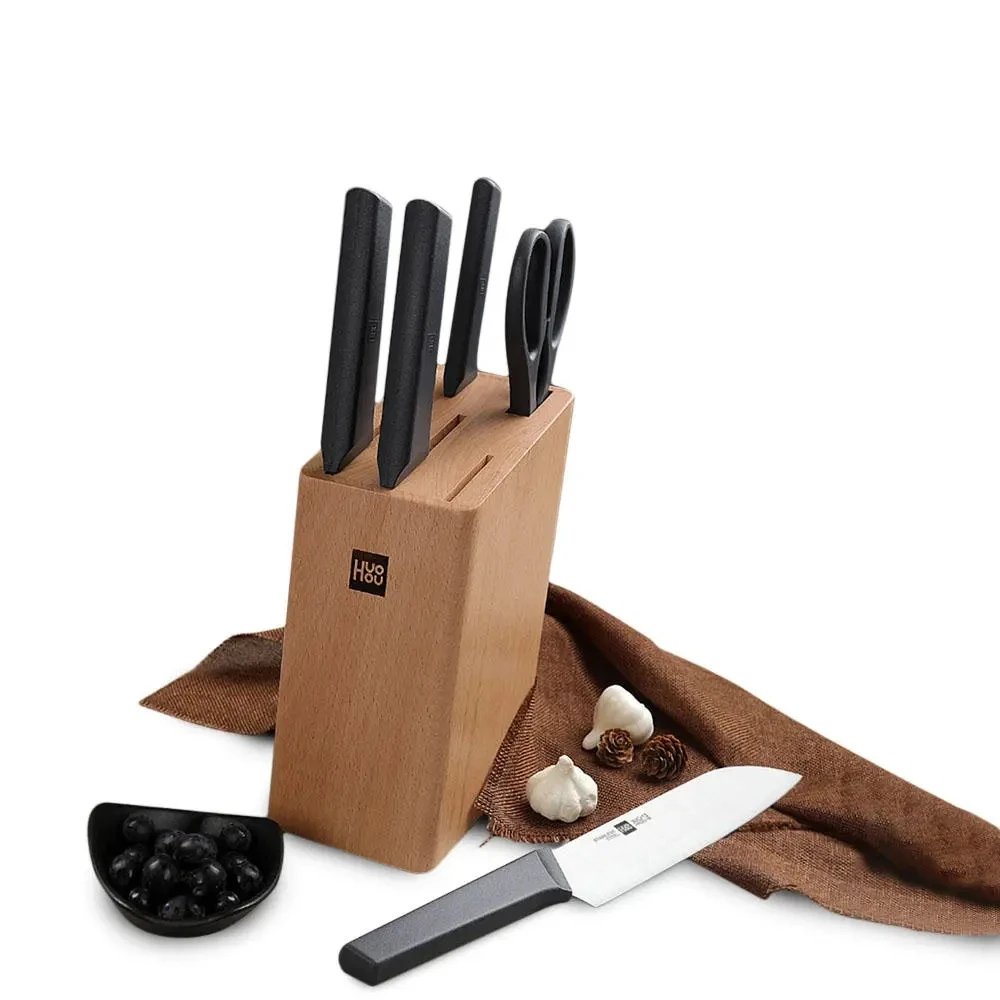HUOHOU Stainless Steel Kitchen Knife Set 6pcs with Cutter Holder Chopping Slicing Tool Fruit Scissor | Электроника