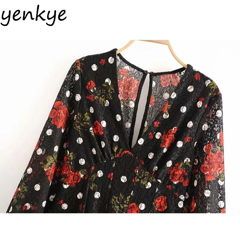 Женское винтажное мини платье с цветочным принтом элегантное v образным вырезом