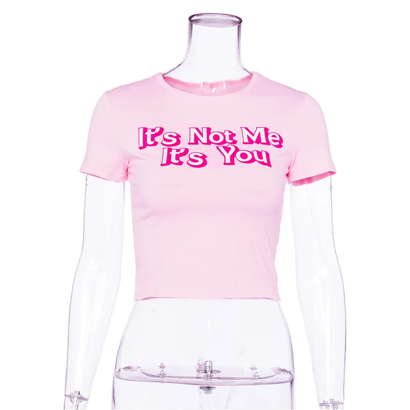 

Pink Cotton Letter Print T-shirt Sexy Corp Top Short Sleeve Cute Tshirt Women 2021 Slim Clothes Streetwear