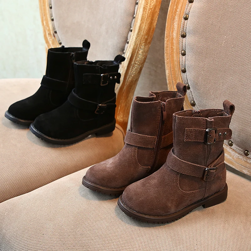 Girl Boots British Style Kids Boys Fashion Child Snow Booties Black Mid-top Soft Anti-Slip Buckle Strap SX224 | Мать и ребенок