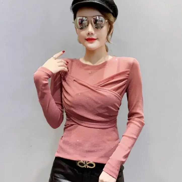 

Fashion sexy long sleeve T-shirt slim Sequin gauze perspective top foreign style small shirt spring and autumn thin base shirt