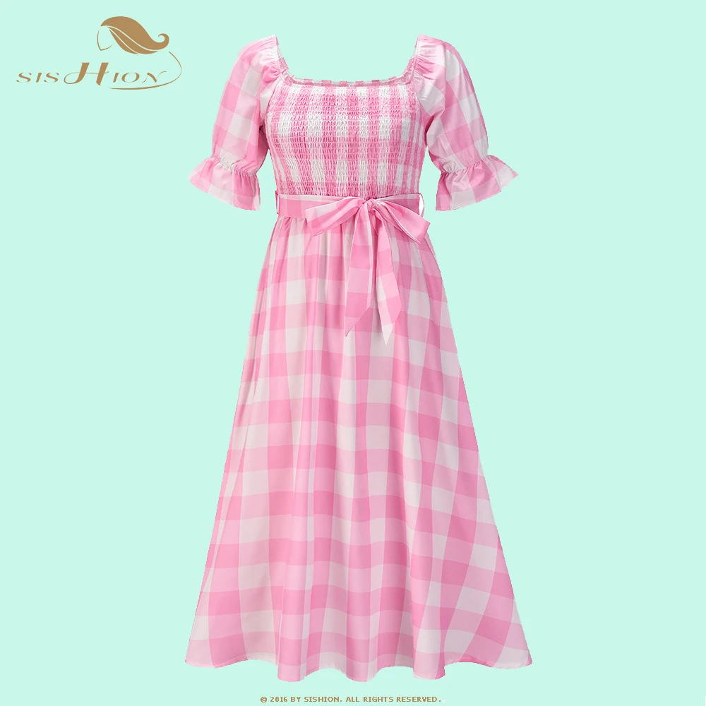 

SISHION 2022 модное летнее пляжное платье в клетку с длинными рукавами-фонариками и открытыми плечами, эластичные халаты с поясом, новые сексуаль...