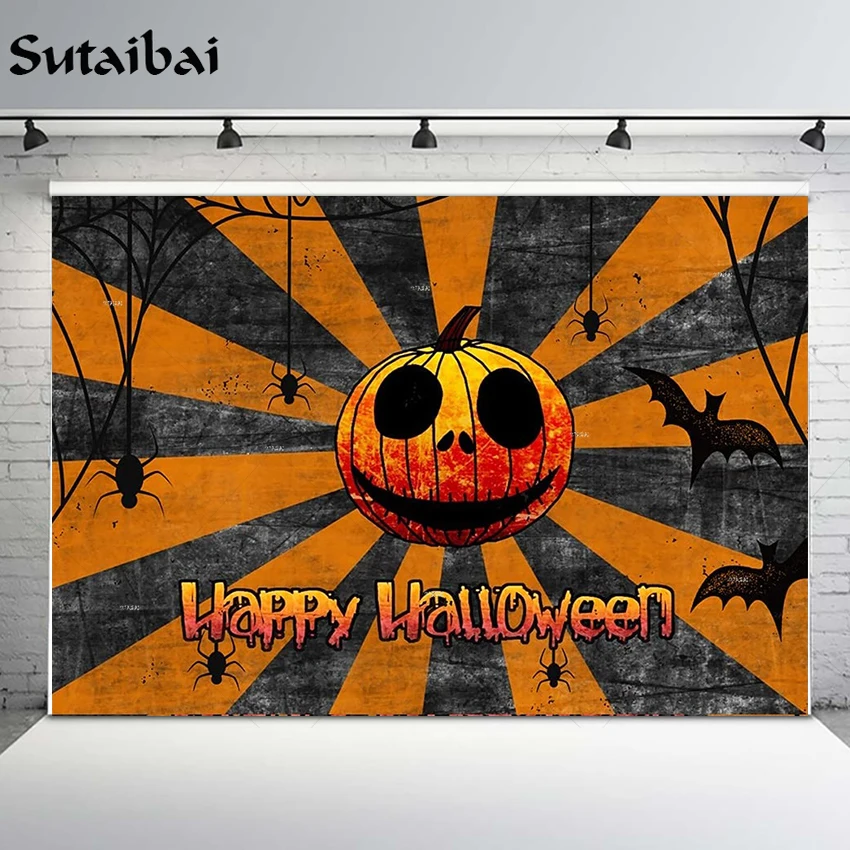 

Happy Halloween Backdrop Spooky Pumpkin Lantern Horror Spider Bat Party Banner Decoration Kids Party Photography Background Prop