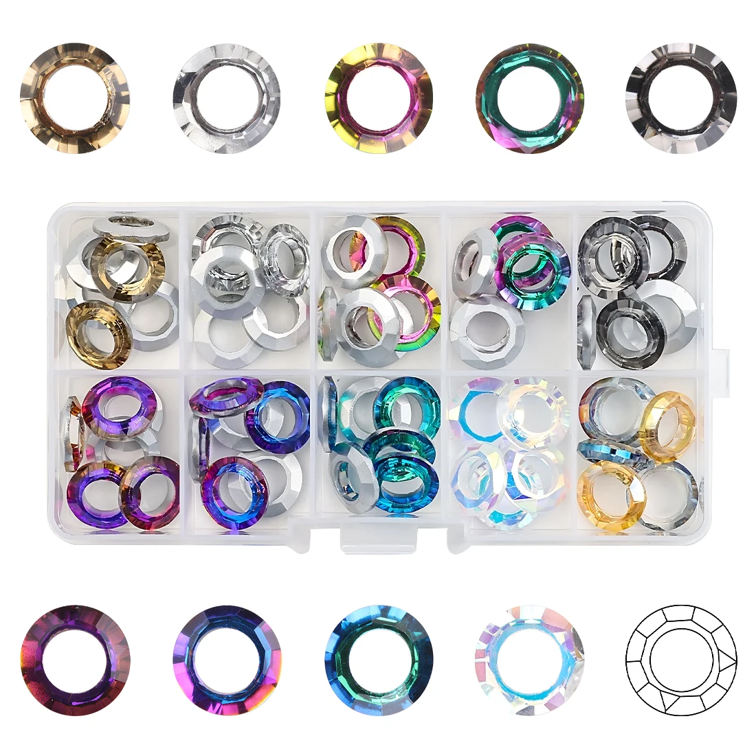 

14MM Big Hole Glass Circle Box Set 60PCS Crystal Angel Ring Spacer Beads For DIY Making Charm Jewelry Bracelet Pendant Necklace