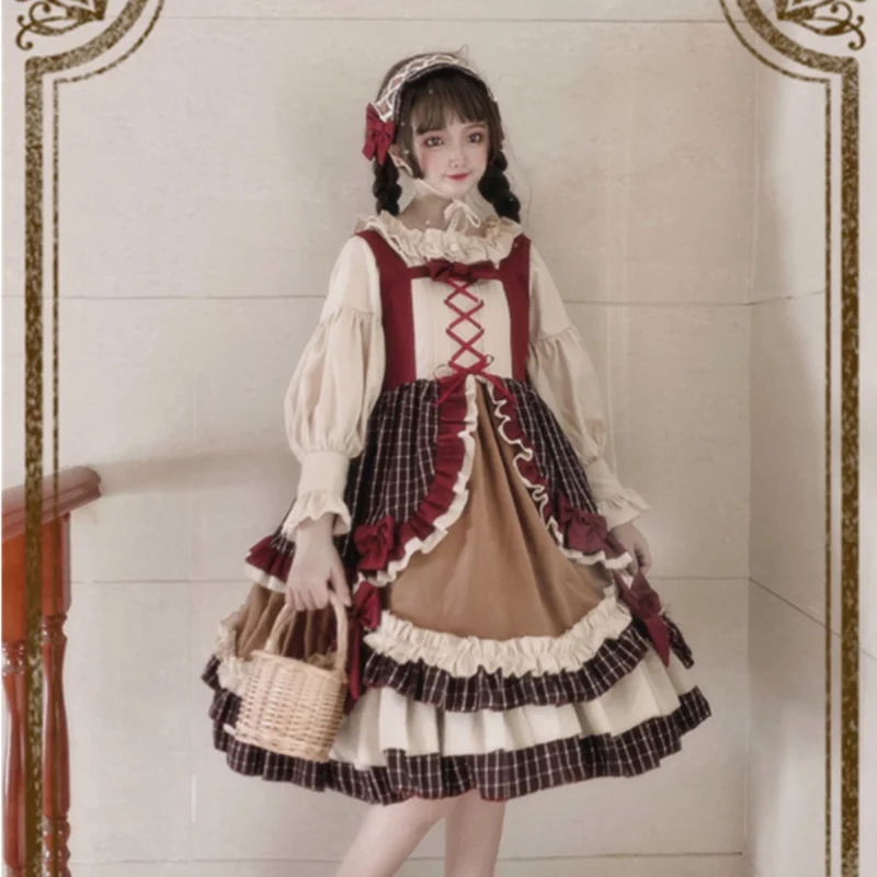 England Style Sweet Lolita Dress Vintage Falbala Bowknot High Waist Lattice Victorian Kawaii Girl Gothic Jsk Cos