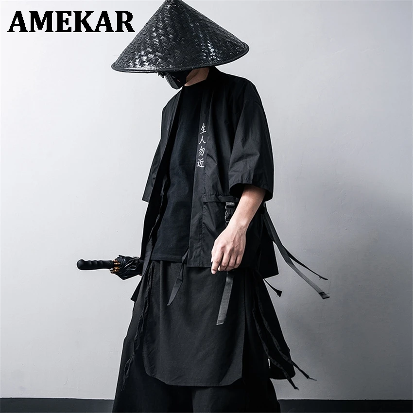 

Традиционное японское кимоно, кардиган, модные черные хлопковые костюмы для косплея самурая, хаори, пальто в китайском стиле, уличная одежд...