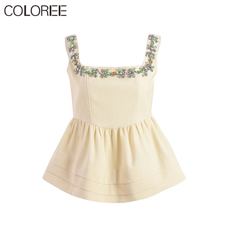 

Handmade Crystl Beading Tops Women 2021 Summer Korean Fashion Short Tank Top Runway Camisetas De Mujer